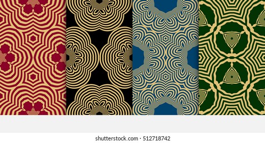 set of Seamless vector pattern. Geometric abstraction. Gold on the green, blue, red, black background. Vector illustration. For the interior design, wallpaper