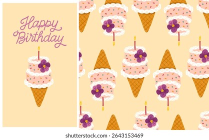 Set Seamless vector pattern and illustration with cute birthday cake ice cream cone. Pastel Korean style. Great for packaging, textile, gift wrap and party design