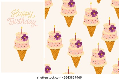 Set Seamless vector pattern and illustration with cute birthday cake ice cream cone. Pastel Korean style. Great for packaging, textile, gift wrap and party design