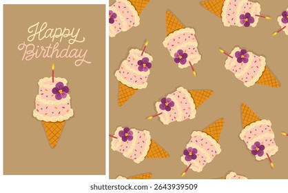 Set Seamless vector pattern and illustration with cute birthday cake ice cream cone. Pastel Korean style. Great for packaging, textile, gift wrap and party design