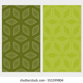 set of seamless vector pattern. imitation pencil drawing in the form of engraving. virtual 3d cube. interior decoration, wallpaper, presentation, fashion design. green background