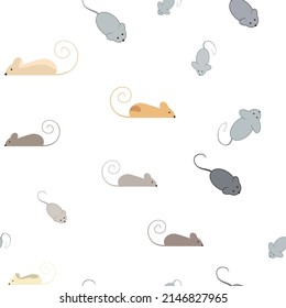 Set of seamless vector pattern with mice or rats. A group of multi-colored mice on a white background
