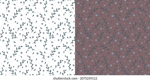 Set of seamless vector pattern with minimalistic floral design of branches and berries. Botanical background for fabric, clothing, wallpaper, wrapping paper, stationery.