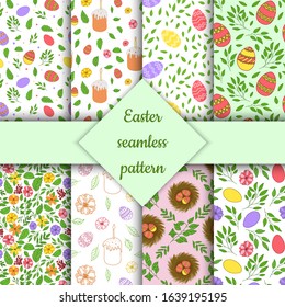 Set of Seamless vector pattern. Painted Easter eggs with branches and flowers, nest with eggs, Easter cake.Collection for wrapping paper, card or textile. Objects drawn by hand on a white background