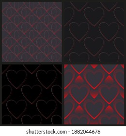 Set of seamless vector pattern of red and gray gradient hearts on a dark background for valentine's day