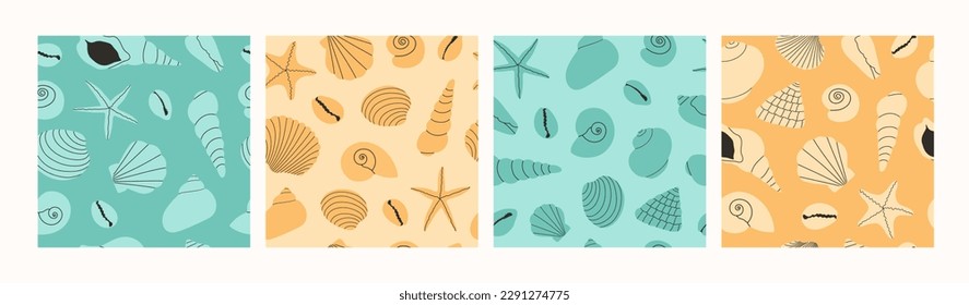 Set of seamless vector pattern with seashells and starfishes. Handdraw various seashells on a tropical beach. Monochrome pattern. Blue and yellow colors. Modern illustration. Vacation travel concept. 