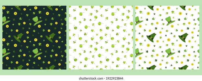 set of seamless vector pattern for St. Patrick's Day with clover, gold coins, and green leprechaun hat on a white background, for postcards, gifts, packaging, holiday, pajamas
