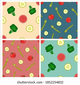 Set of Seamless vector pattern with vegetables. Cherry tomatoes, broccoli, cucumber, green asparagus. Vegetables on a colored background for fabric design, banners, menus, cafes, shops