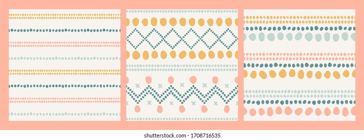 Set of seamless vector patterns. Abstract hand-drawn shapes, dot stripes, crossed lines. Collection of pastel textile designs. Light summer print in yellow, blue and pink on a neutral background.