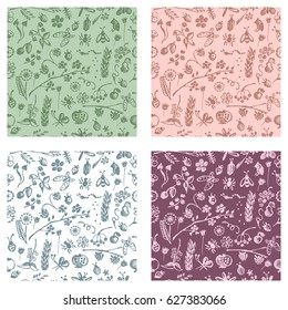 Set of seamless vector patterns, background with hand drawn cute insects, animals, fruits, flowers, leaves, decorative elements Hand sketch line drawing. doodle style Series of Hand Drawn Patterns.