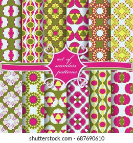 Set of seamless vector patterns for backgrounds, greeting cards, wallpapers, wrappers. Abstract decorative shapes