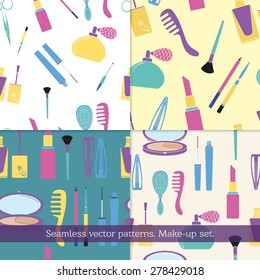 Set of seamless vector patterns. Beauty and cosmetic backgrounds. Toiletry and hygiene accessories , items for make-up.