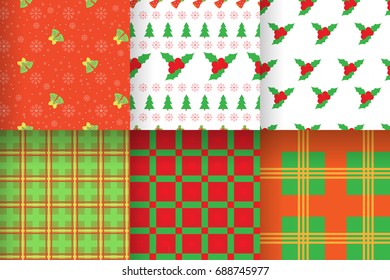 Set of seamless vector patterns with bells, snowflakes, Scotch cage and holly berries. For decoration of textiles, packaging.