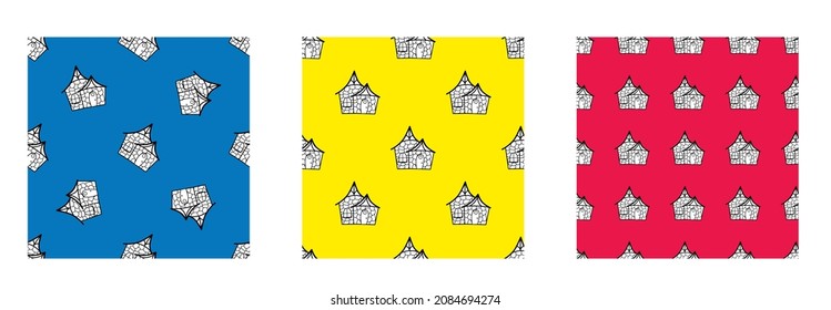 A set of seamless vector patterns from black and white houses in the style of doodles.