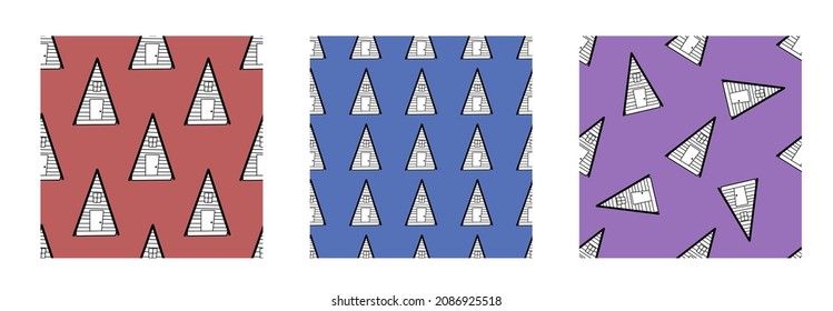 A set of seamless vector patterns from black and white houses in the style of doodles.