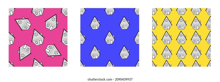 A set of seamless vector patterns from black and white houses in the style of doodles.