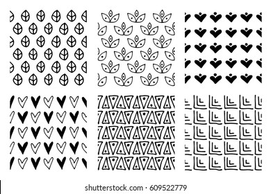 Set of seamless vector patterns. Black and white geometrical endless backgrounds with hand drawn geometric shapes, triangles, circles, dots, lines, Simple graphic design. Repeat decorative ornament.