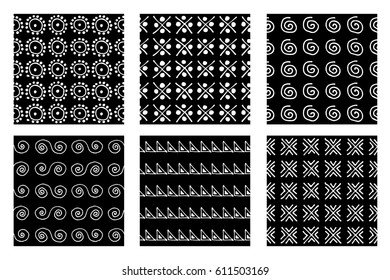 Set of seamless vector patterns. Black and white geometrical endless backgrounds with hand drawn geometric shapes, triangles, circles, dots, lines, Simple graphic design. Repeat decorative ornament.