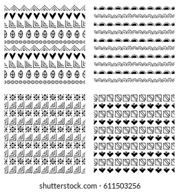 Set of seamless vector patterns. Black and white geometrical endless backgrounds with hand drawn geometric shapes, triangles, circles, dots, lines, Tribal graphic design. Repeat decorative ornament.