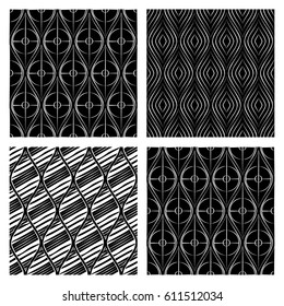Set of seamless vector patterns. Black and white geometrical endless backgrounds with hand drawn geometric shapes, triangles, circles, dots, lines, Simple graphic design. Repeat decorative ornament.