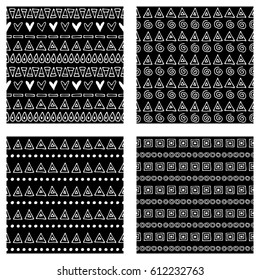 Set of seamless vector patterns. Black and white geometrical endless backgrounds with hand drawn geometric shapes, triangles, circles, dots, lines, Tribal graphic design. Repeat decorative ornament.