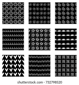 Set of seamless vector patterns. Black and white geometrical endless backgrounds with hand drawn geometric shapes, triangles, circles, dots, lines, Simple graphic design. Repeat decorative ornament.