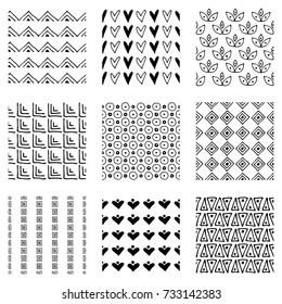 Set of seamless vector patterns. Black and white geometrical endless backgrounds with hand drawn geometric shapes, triangles, circles, dots, lines, Simple graphic design. Repeat decorative ornament.