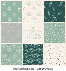 Set of seamless vector patterns with botanical hand-drawn theme and soft mint and creme palette.