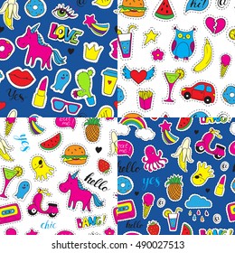Set of seamless vector patterns with bright fashion patch badges. Hand drawn funny stickers. Modern doodle pop art sketch and inscriptions. Cute pins and icons in cartoon 80s-90s comic style.