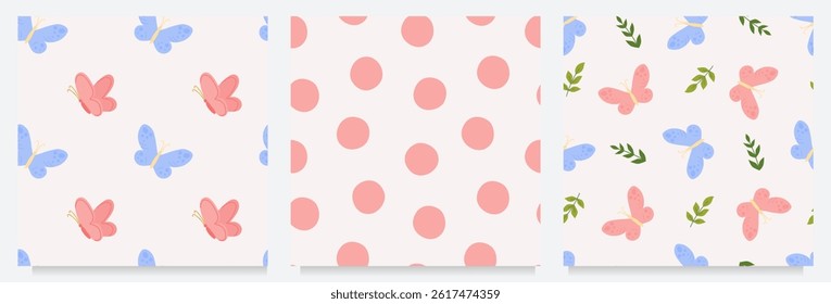 Set of seamless vector patterns with butterflies polka dots and leaves in pastel retro style. Perfect for kids products fabric design packaging and nursery decor.