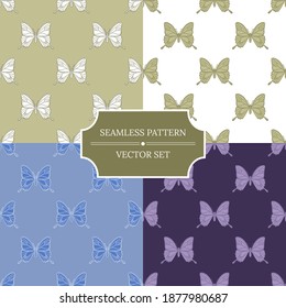 Set of seamless vector patterns with butterfly. Collection of vector illustrations for designing posters, cards, prints, stickers, wallpaper, fabric, textile, gift paper, scrapbooking 