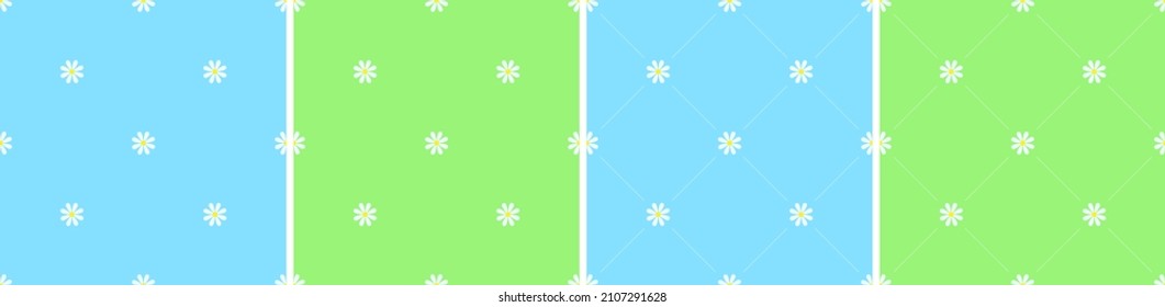 Set of seamless vector patterns with chamomiles on green and blue backgrounds for card, wrapping paper, fabric, wallpaper. Seamless vector pattern with chamomiles and white diagonal lines 