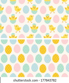 Set of Seamless Vector Patterns with Chicks and Colorful Polka Dot Easter Eggs