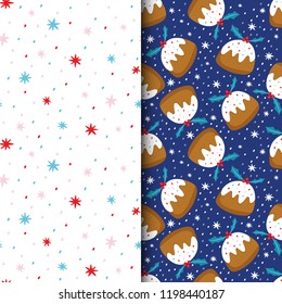 Set of seamless vector patterns for Christmas with puddings and snow in blue and red colors. Creative hand drawn textures. Vector illustration