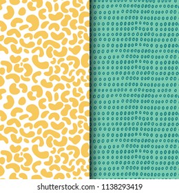 Set of seamless vector patterns with circles and spots in green and yellow colors. Creative hand drawn textures. Vector illustration