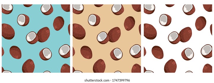 Set of seamless vector patterns with coconuts, color background. Summer design for holidays, posters, banners, children, postcards, pajamas. Tropical fruit