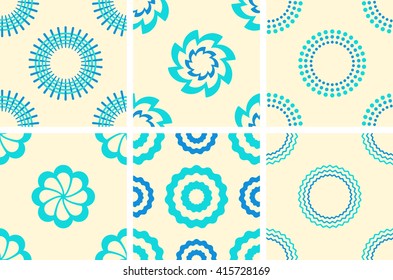 Set of seamless vector patterns, collection of tilling backgrounds, endless textures, textile design elements. Repeatable geometric ornament, blue and cyan circles, dots, abstract flowers