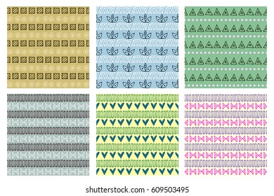 Set of seamless vector patterns. Colorful geometrical endless backgrounds with hand drawn geometric shapes, triangles, circles, dots, lines, Simple graphic design. Repeat decorative ornament.