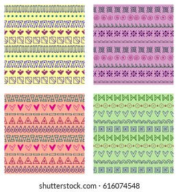 Set of seamless vector patterns. Colorful geometrical endless backgrounds with hand drawn geometric shapes, triangles, circles, dots, lines, Simple graphic design. Repeat decorative ornament.