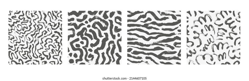 Set of seamless vector patterns with curved lines. Hand drawn brush style abstract seamless ornament. Different grunge stripes and lines. Black paint organic texture. Chaotic ink brush scribbles.
