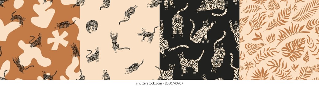 Set seamless vector patterns. Cute tigers in various poses, abstract simple organic forms, florals, leaves, warm earthy colors. print for textile, fabric, wallpaper. Surface design, Chinese New Year