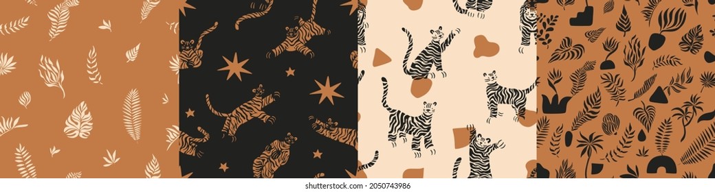 Set seamless vector patterns. Cute tigers in various poses, abstract simple organic forms, floral, leaves, warm earthy colors. print for textile, fabric, wallpaper. Surface design, oriental sign China