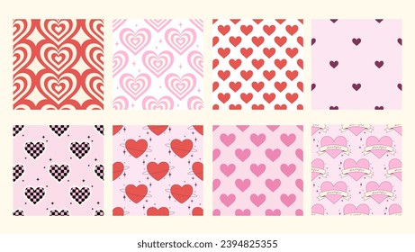 Set of seamless vector patterns with cute red and pink hearts. Y2k girly background. Valentine day concept. Templates with love symbols for wrapping paper, wallpaper, cover, fabric design.