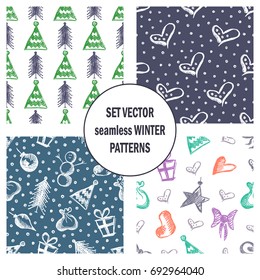 Set of seamless vector patterns with cute hand drawn fir trees, gifts, hearts, bows, christmas toys. Seasonal winter backgrounds Graphic illustration.