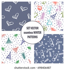 Set of seamless vector patterns with cute hand drawn fir trees, gifts, hearts, bows, christmas toys. Seasonal winter backgrounds Graphic illustration.