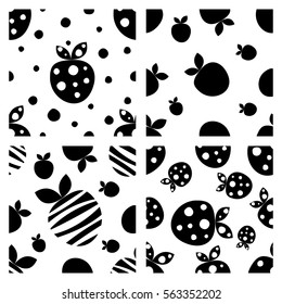 Set of seamless vector patterns with decorative ornamental cute strawberries. Different backgrounds with repeating ornament. Graphic vector illustration. Series of Fruits Seamless vector Patterns