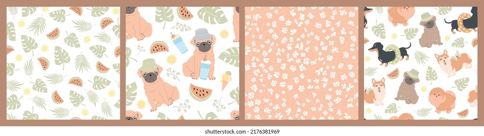 Set of seamless vector patterns of different dogs, lemons, watermelons, leaves, flowers and monstera. Summer simple light illustrations.