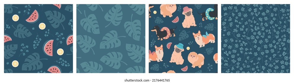 Set of seamless vector patterns of different dogs, lemons, watermelons, leaves, flowers and monstera. Summer simple light illustrations.