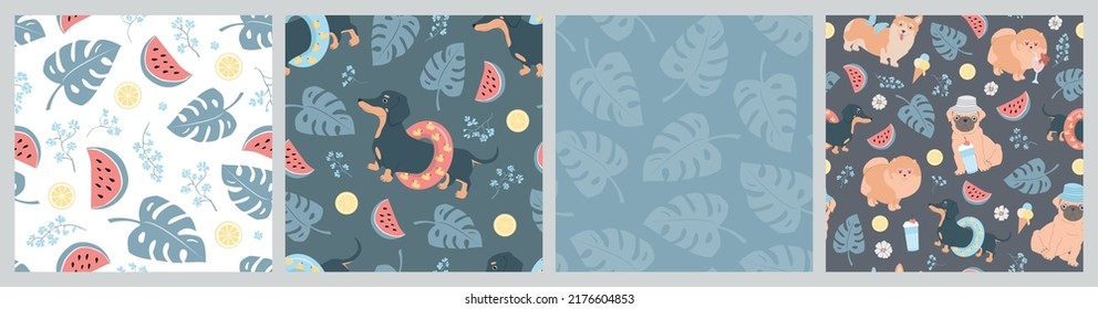 Set of seamless vector patterns of different dogs, lemons, watermelons, leaves, flowers and monstera. Summer simple light illustrations.