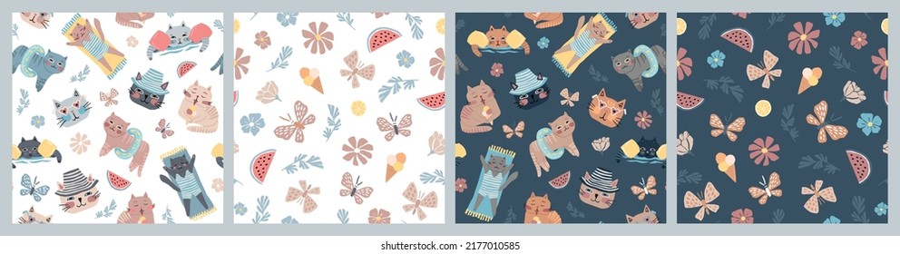 Set of seamless vector patterns of different cats, leaves, flowers. Summer simple light illustration.
